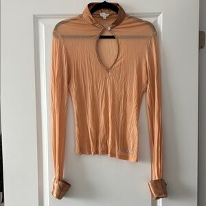 MaxMara Size XL Sheer Long Sleeve Rhinestone Cuff & Keyhole Top